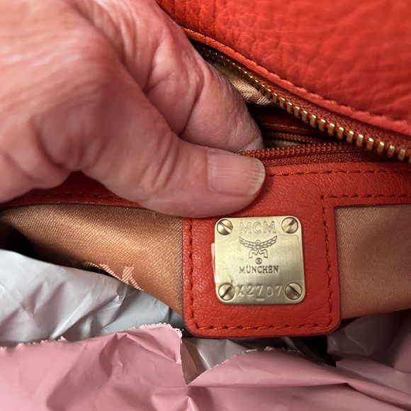 MCM Orange embossed leather handbag EUC - Picture 6 of 12